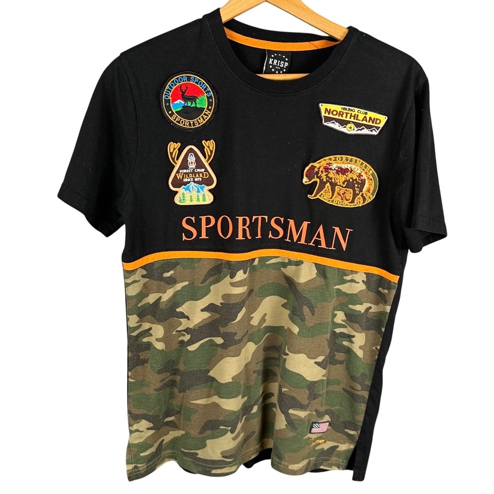 Krisp NYC Mens Sportsman Camo Patch Graphic T-Shirt Black Green Camouflage Small